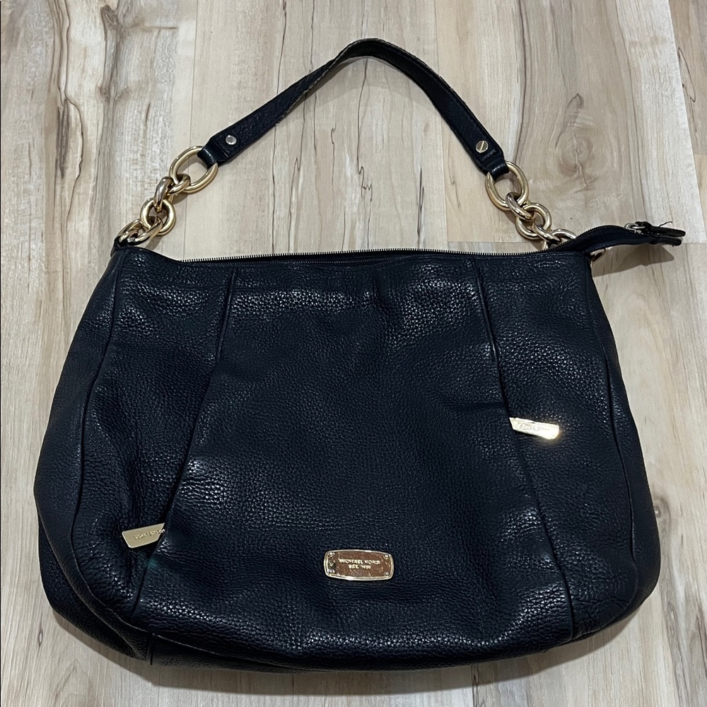 Michael Kors Black Leather Bag Hobo Slouchy Pebbled Leather Purse MK Gold- As Is